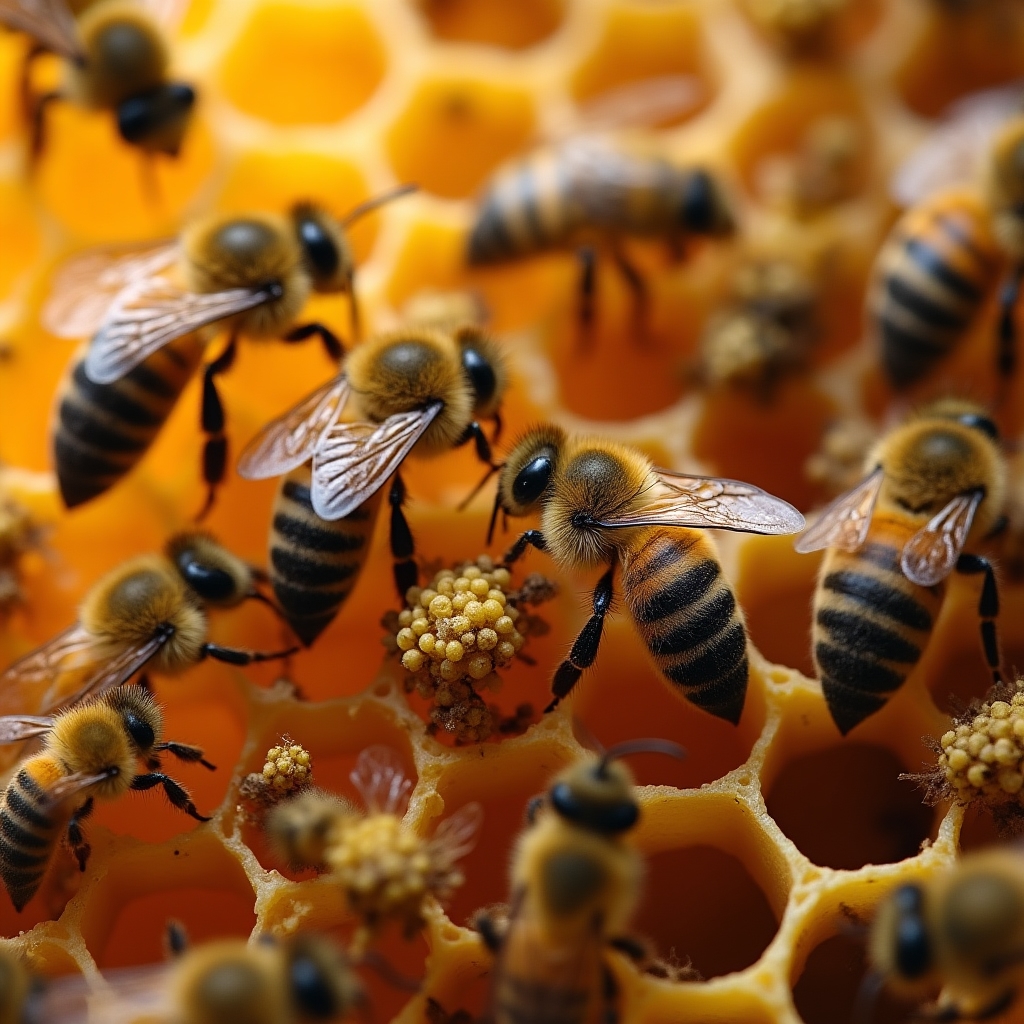 Primer plano de abejas trabajando en panal de cera