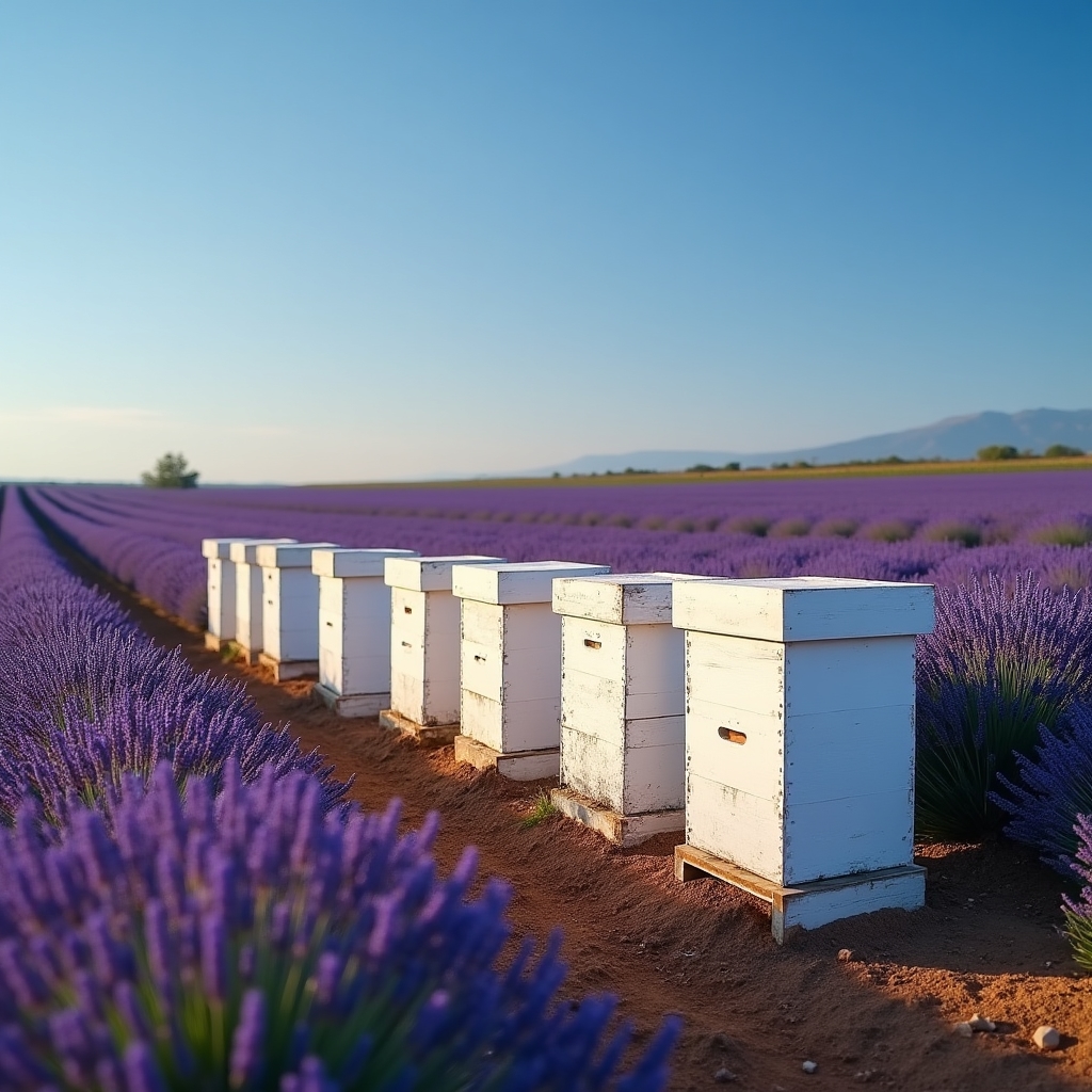 Hilera de colmenas blancas en campo de lavanda bajo cielo azul de verano