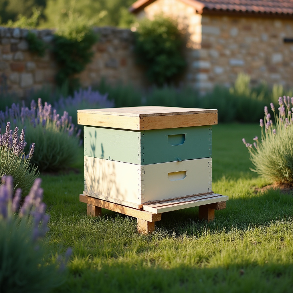 Colmena de madera artesanal en jardín familiar con plantas aromáticas