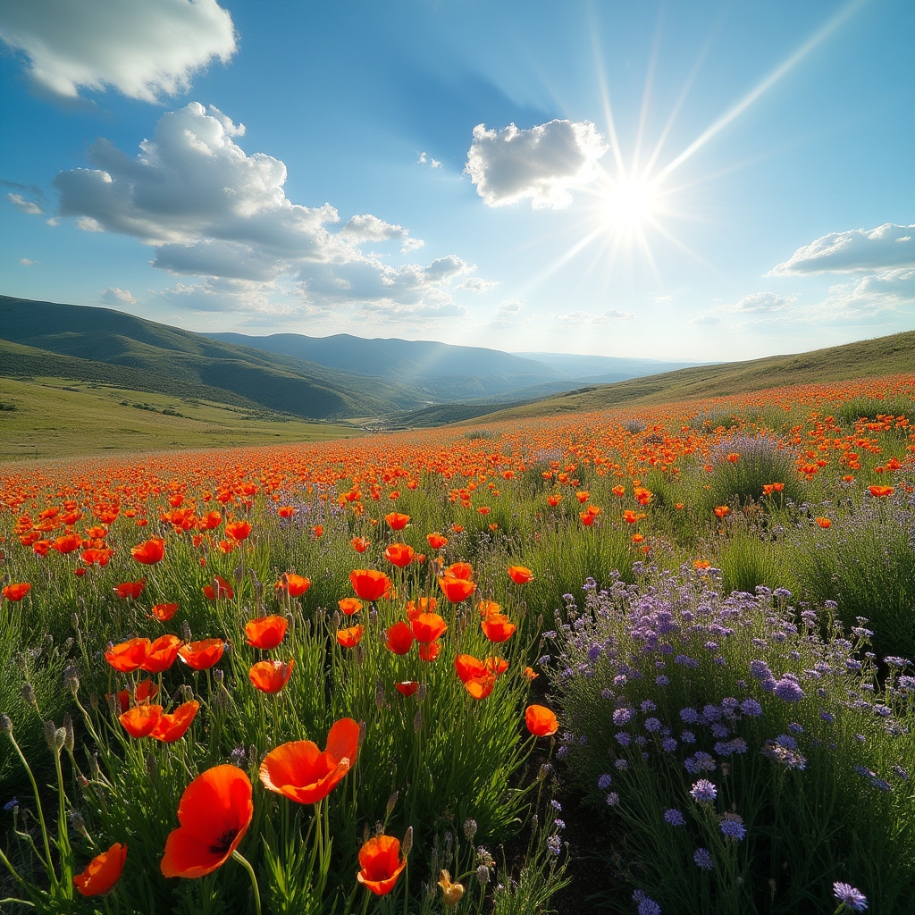 Campo de flores silvestres en primavera española con luz dorada