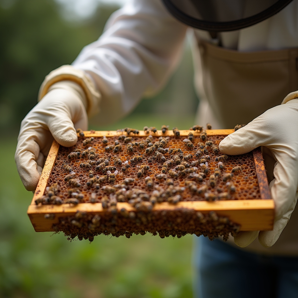 Manos con guantes apícolas sosteniendo un cuadro con abejas y miel